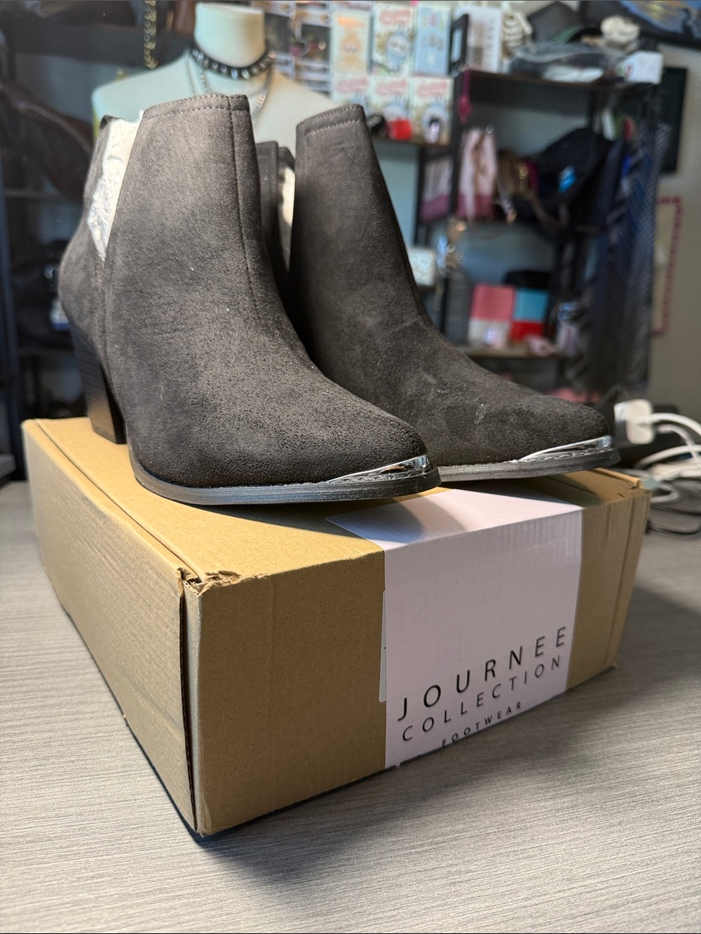 Journee Collection Charcoal Suede Pointed Toe Ankle Booties